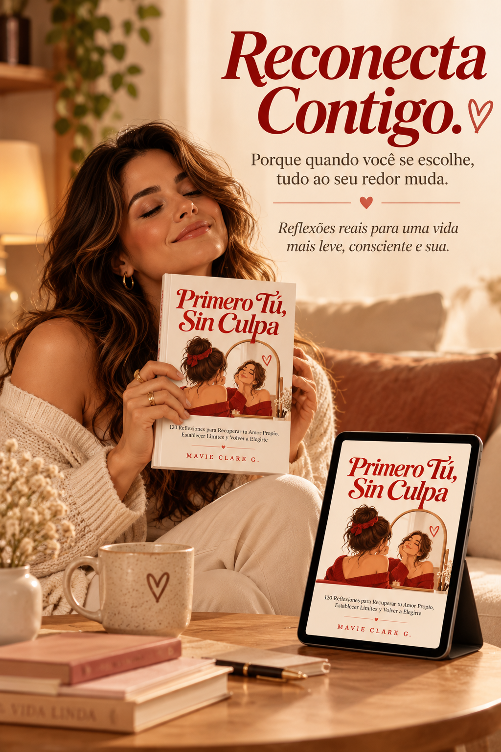 Mujer sosteniendo Primero Tú, Sin Culpa, junto a su edición digital